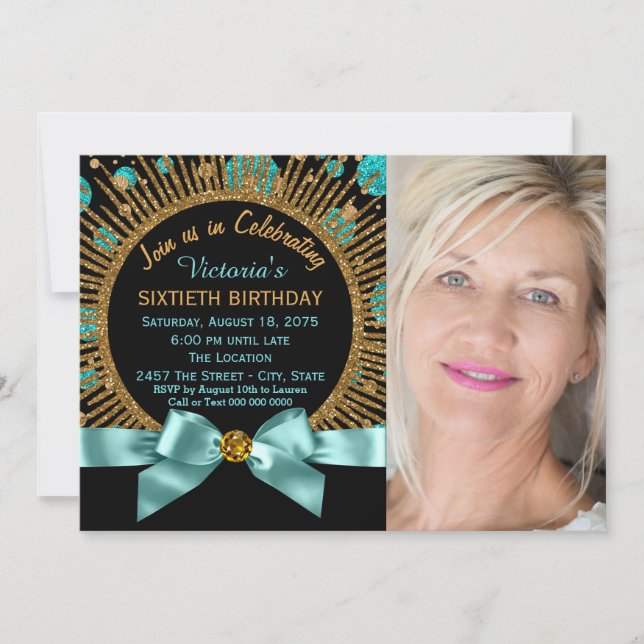 Womans 60th Birthday Teal Blue and Gold Photo 60th Invitation (Front)