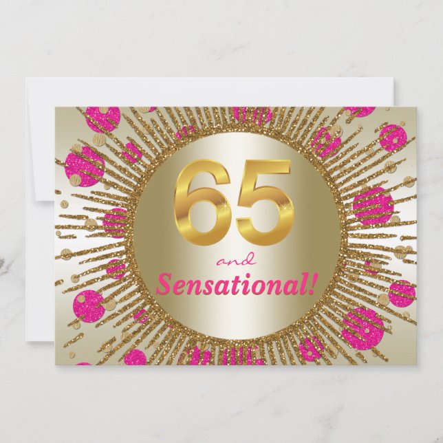 Womans 65th Birthday Party Fuchsia Pink Gold Invitation (Front)
