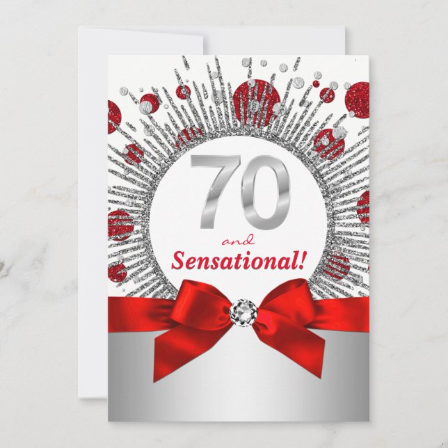 Womans 70th Birthday Party Red and Silver Invitation (Front)