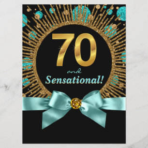 Womans 70th Birthday Party Teal Blue Gold Invitation