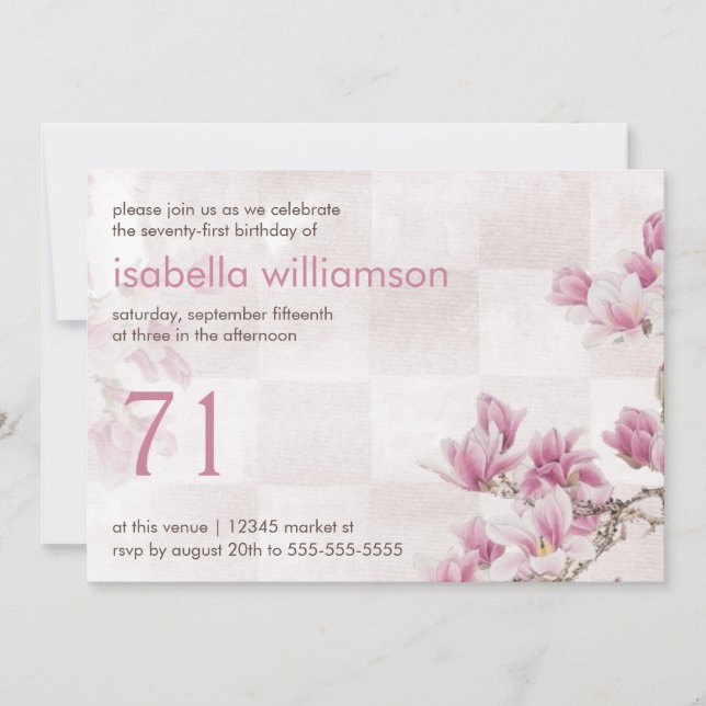 Woman's 71st Birthday Party | Mauve Magnolias Invitation (Front)