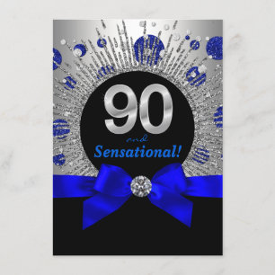 Womans 90th Birthday Party Royal Blue and Silver Invitation