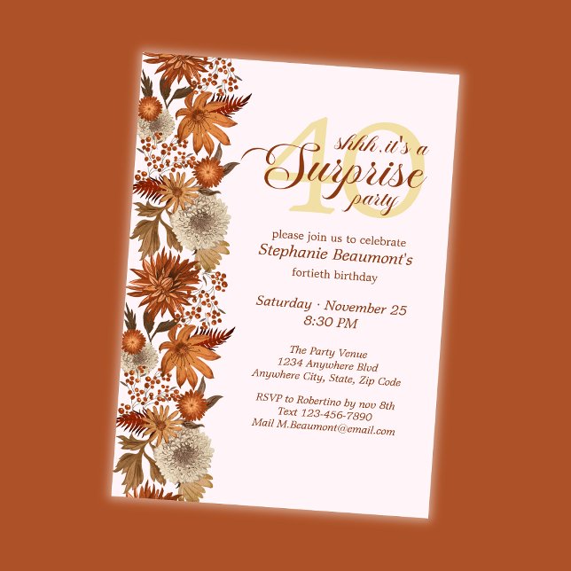Woman's Autumn Flower Surprise 40th Birthday Invitation (Creator Uploaded)