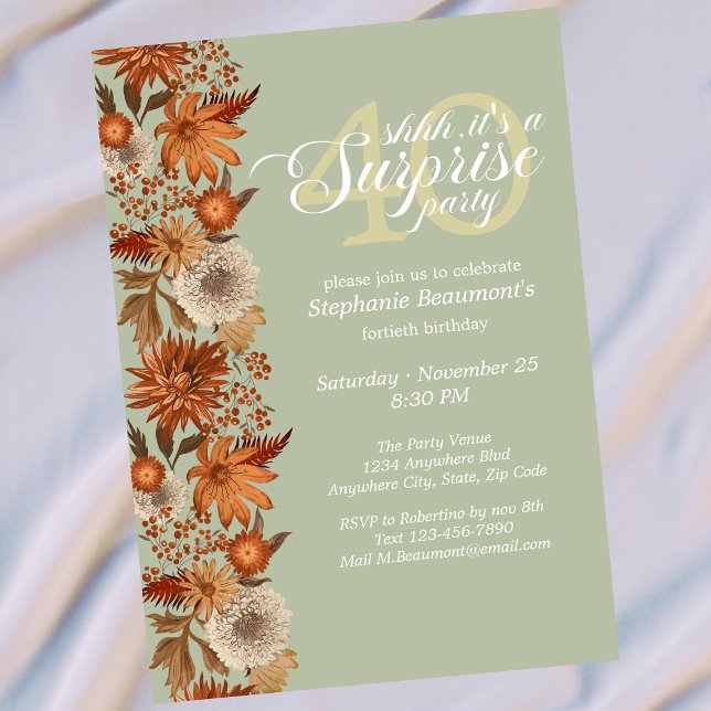 Woman's Autumn Flower Surprise 40th Birthday Invitation (Creator Uploaded)