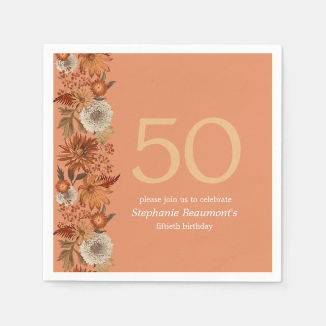 Woman's Autumn Flower Surprise 50th Birthday Napkin (Front)
