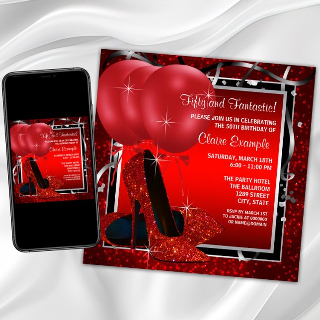Womans Black and Red High Heels Birthday Party Invitation (Womans red and silver birthday party invitation with red high heel shoes on a red and black back.)