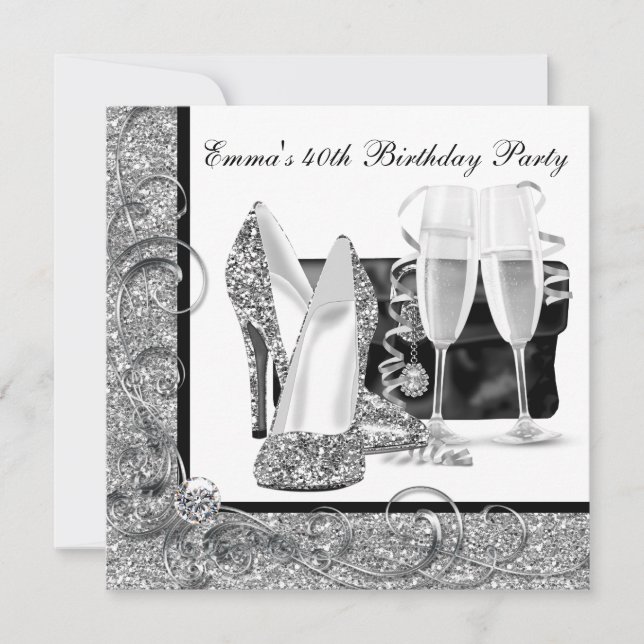 Womans Black and White Birthday Party Invitation (Front)