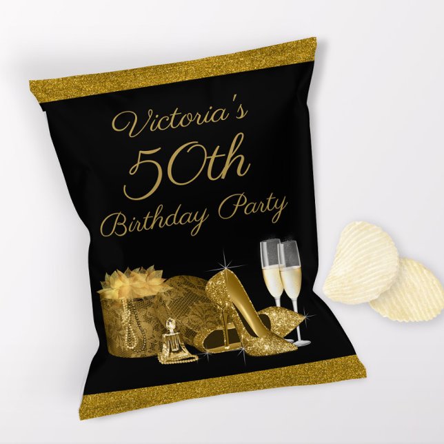 Womans Black Gold Birthday Party Chip Bag Flyer (1 ounce snack bag wrapper flyer. )