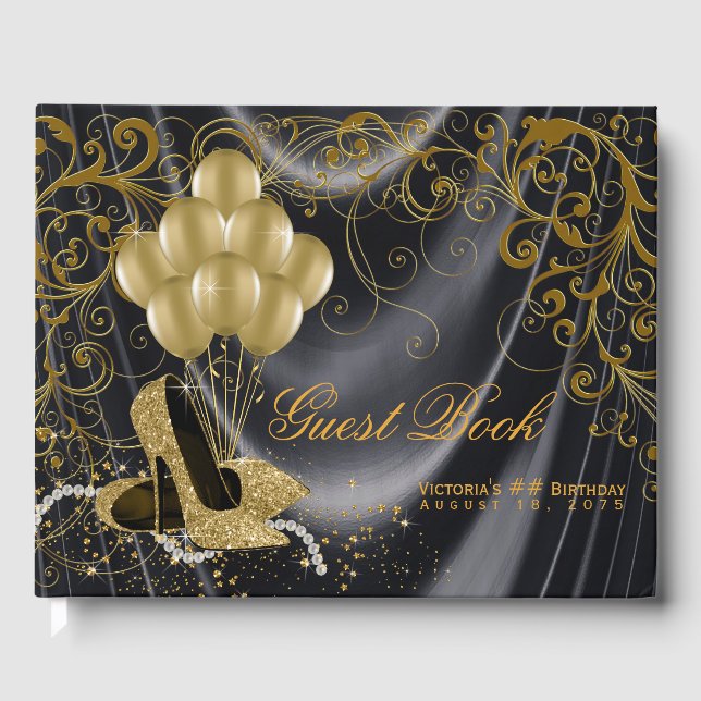 Womans Black Gold Birthday Party Guest Book (Front)