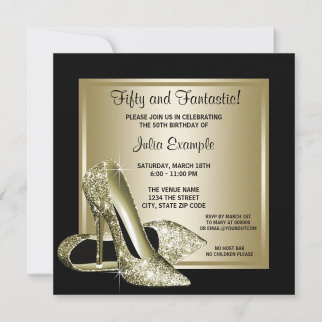 Womans Black Gold High Heel Birthday Invitation (Front)