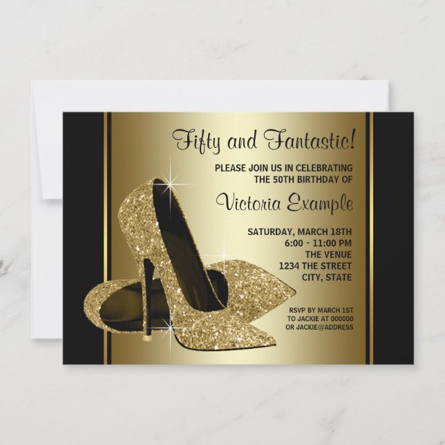 Womans Black Gold High Heels Birthday Party Invitation (Front)