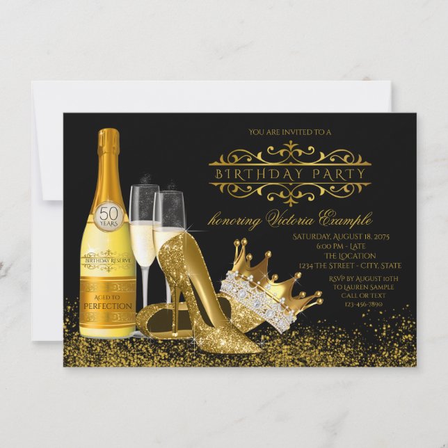 Womans Black Gold High Heels Princess Birthday Invitation (Front)