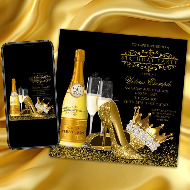Womans Black Gold High Heels Princess Birthday Invitation (Woman black and gold birthday party invitation with gold high heel shoes, crown and champagne. Any #)