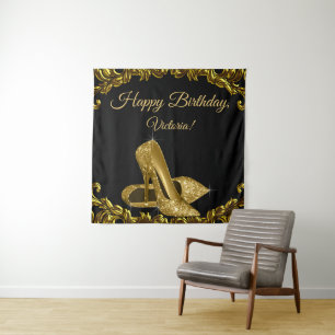 Womans Black Gold Shoe Birthday Party SQ Backdrop Tapestry