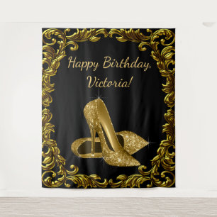 Womans Black Gold Shoe Birthday Party XL Backdrop Tapestry
