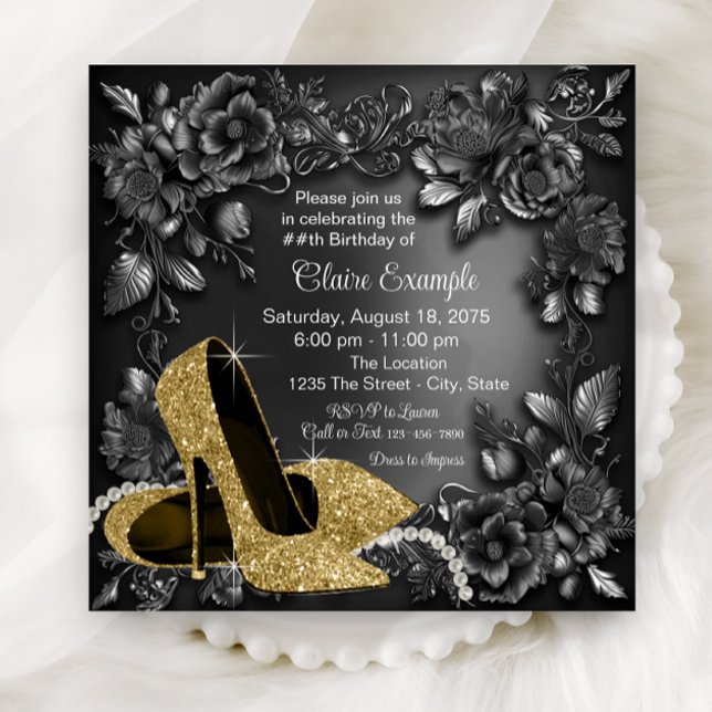 Womans Black Gold Shoe Floral Birthday Party Invitation (Womans black gold high heel shoe any number birthday and event invitation. Simply add your details.)
