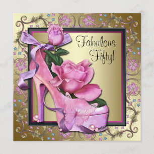 Womans Black Pink Gold 50th Birthday Party Invitation