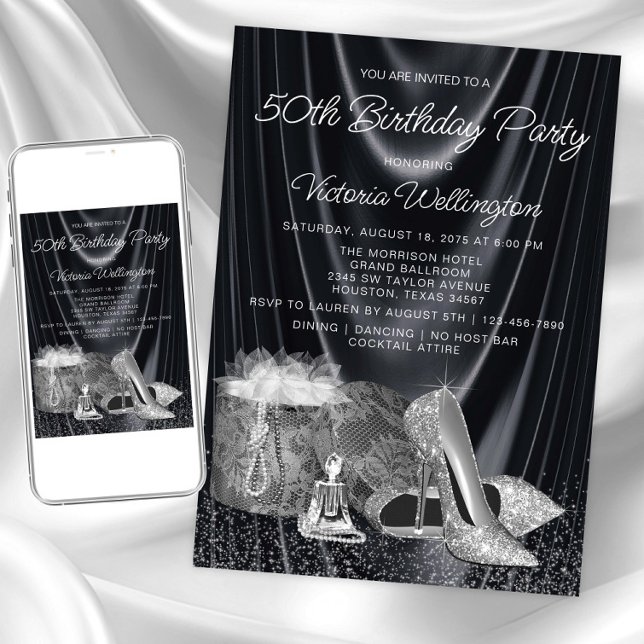Womans Black Silver Shoe Any Number Birthday Invitation (Womans black silver birthday invitation. Instant download and printed invitations available.)