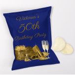 Womans Blue Gold Birthday Party Chip Bag Wrappers<br><div class="desc">Womans royal blue and gold birthday party chip bags with pretty gold high heel shoes, gift, perfume and champagne glasses on a choose your own color background. This womans birthday party chip bag is easily personalized with your text and photo. To assemble, wrap the flyer around your chip or snack...</div>