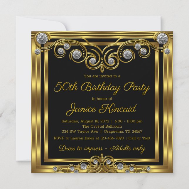 Womans Elegant Black Gold Diamond Birthday Party Invitation (Front)