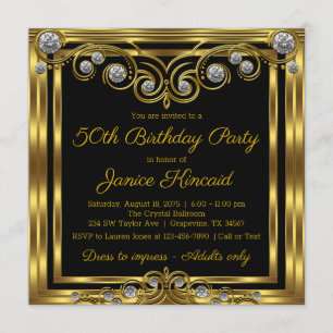 Womans Elegant Black Gold Diamond Birthday Party Invitation