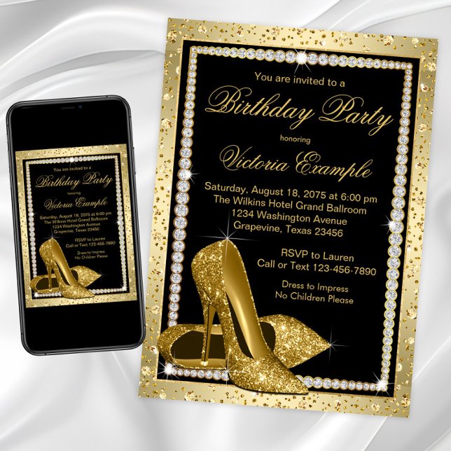 Womans Elegant Black Gold High Heel Shoe Birthday Invitation (Womans black and gold high heel shoe birthday party invitation. Gold shoes diamonds birthday invite.)