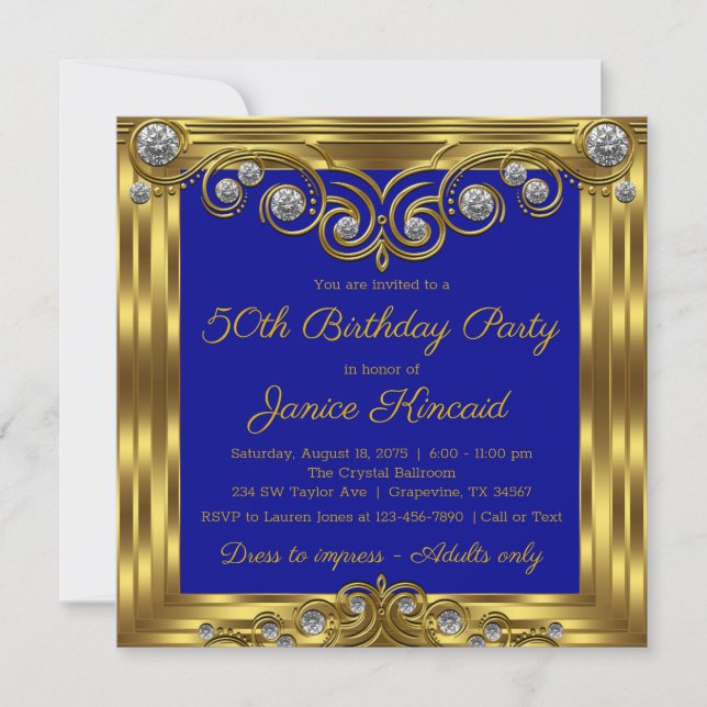 Womans Elegant Royal Blue Gold Birthday Party Invitation (Front)