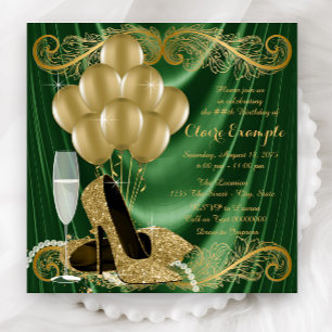 Womans Emerald Green and Gold Birthday Party Glam Invitation