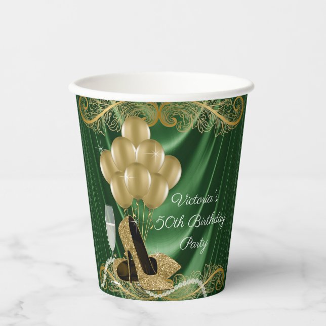 Womans Emerald Green Gold Birthday Party Paper Cup (Front)