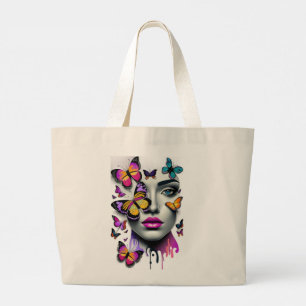 Womans face and butterflies, fantasy large tote bag