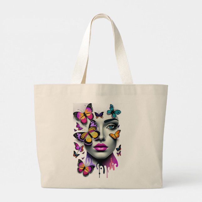 Womans face and butterflies, fantasy large tote bag (Back)