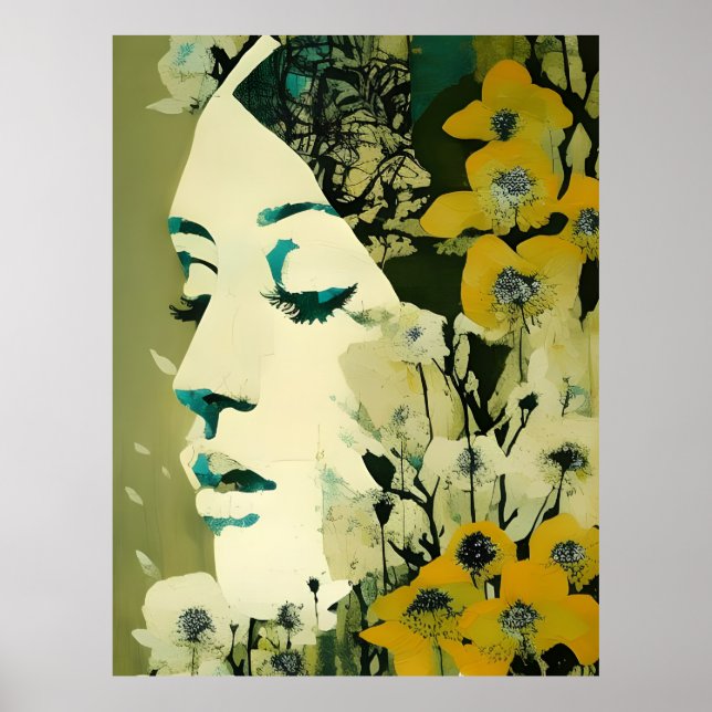 Womans Face and Flowers Collage Poster (Front)