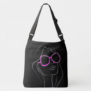 Woman's Face in Pink Sunglasses Black Retro Crossbody Bag