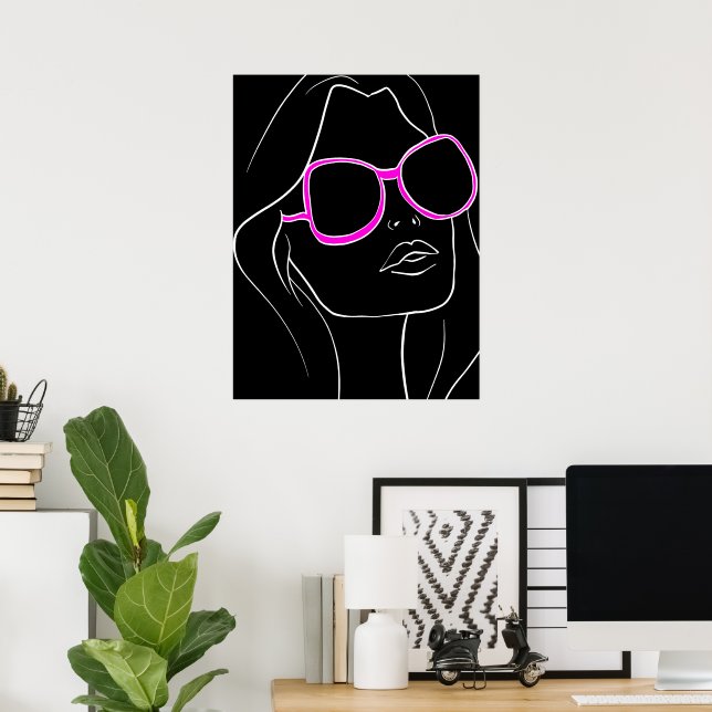 Woman's Face in Pink Sunglasses Black Retro Poster (Home Office)