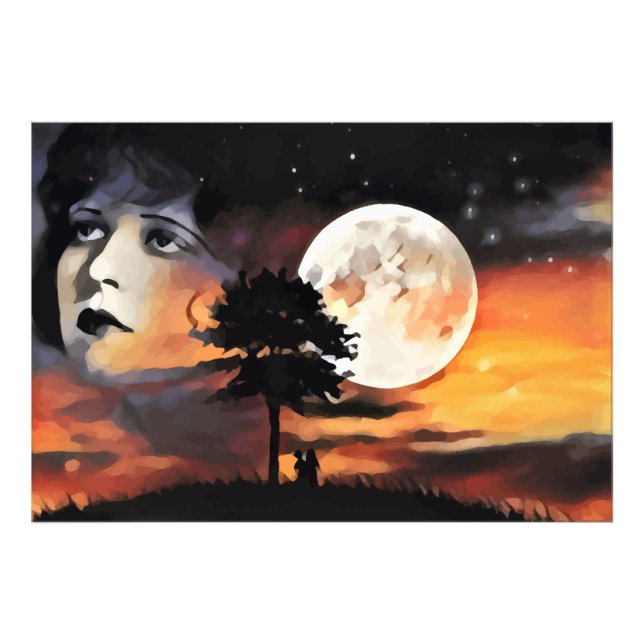 Womans face moon tree silhouette abstract art photo print (Front)
