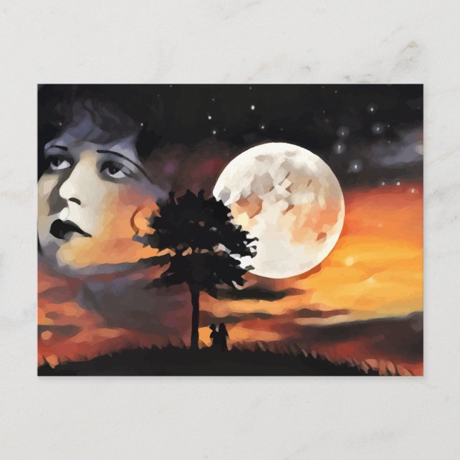 Womans face moon tree silhouette abstract art postcard (Front)