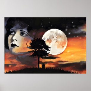 Womans face moon tree silhouette abstract art poster