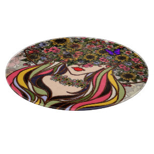 Woman's face, with flowers and butterflies,art cutting board