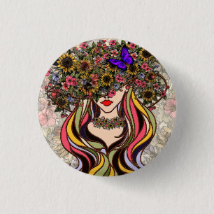 Woman's face, with flowers and butterflies throw p 3 cm round badge