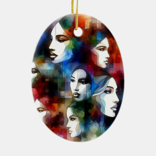 womans faces abstract watercolors pop art  ceramic tree decoration