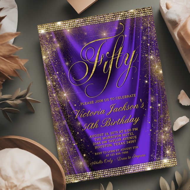 Womans Glam Purple Gold 50th Birthday Invitation (Need a different year? Simply send us a message.)