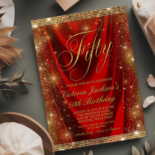 Womans Glam Red Gold 50th Birthday Invitation (Need a different year? Simply send us a message.)