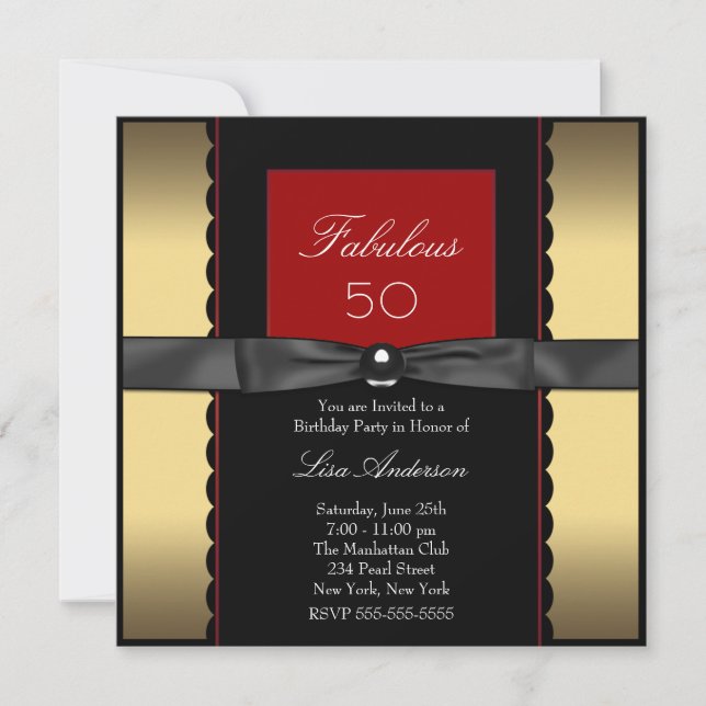 Womans Gold Black Red 50th Birthday Party Invitation (Front)