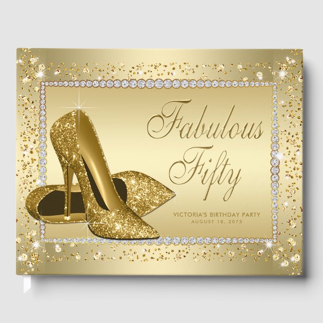 Womans Gold Shoes 50th Birthday Party Guest Book (Front)