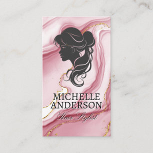 Womans Hair Profile Pink Gold Marble Business Card