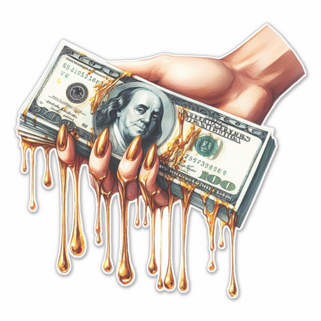 womans hand 100 dollar bills dripping liquid gold (Front)