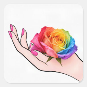 Woman's Hand Cradling a Rainbow Rose Square Sticker