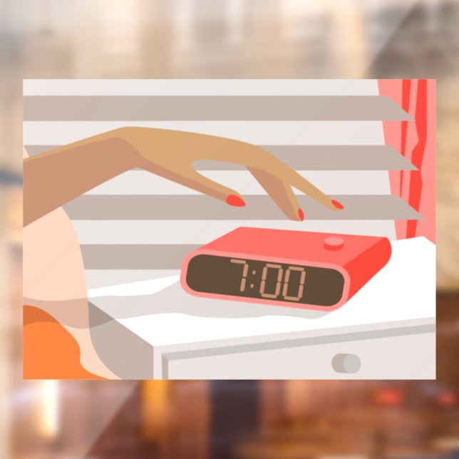 Womans hand pushing on alarm clock snooze button (Sheet 2)