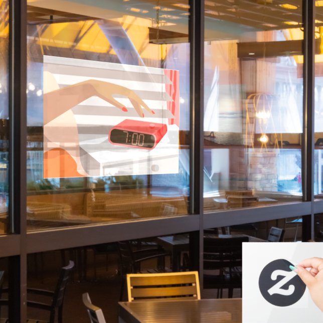 Womans hand pushing on alarm clock snooze button (Restaurant Window)