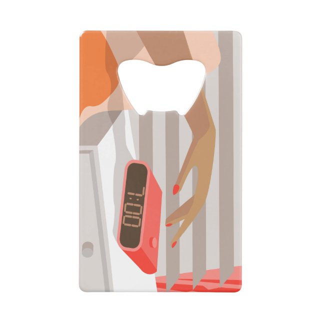 Womans hand pushing on alarm clock snooze button (Front)